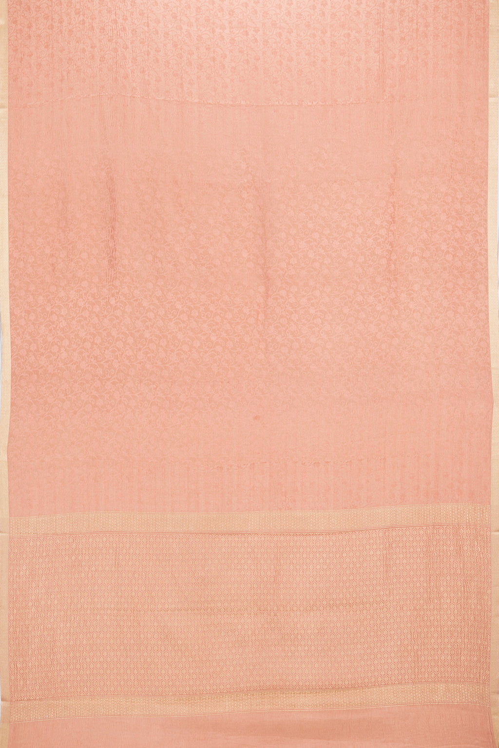 Flat view of Golden Peach Dual Tone Banarasi Georgette Saree with Zari Brocade on the body and Zari Border. 