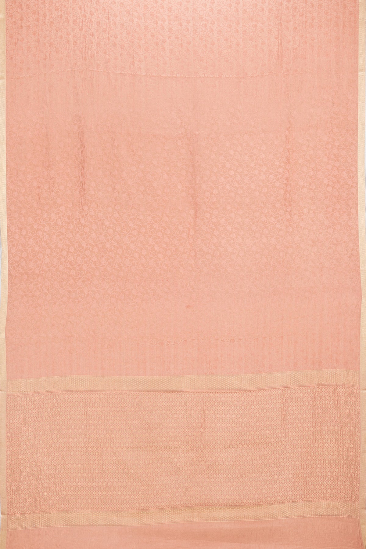 Flat view of Golden Peach Dual Tone Banarasi Georgette Saree with Zari Brocade on the body and Zari Border. 