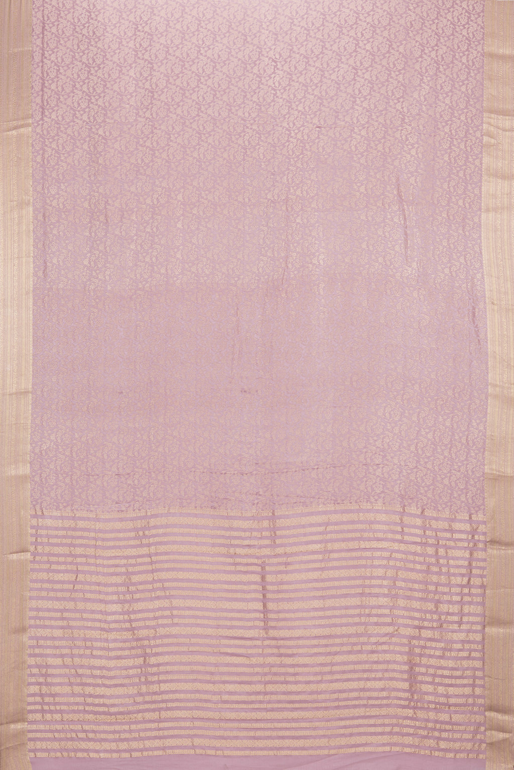 Flat view of Lavender Dual Tone Banarasi Georgette Saree with Zari Brocade on the body and Zari Border. 