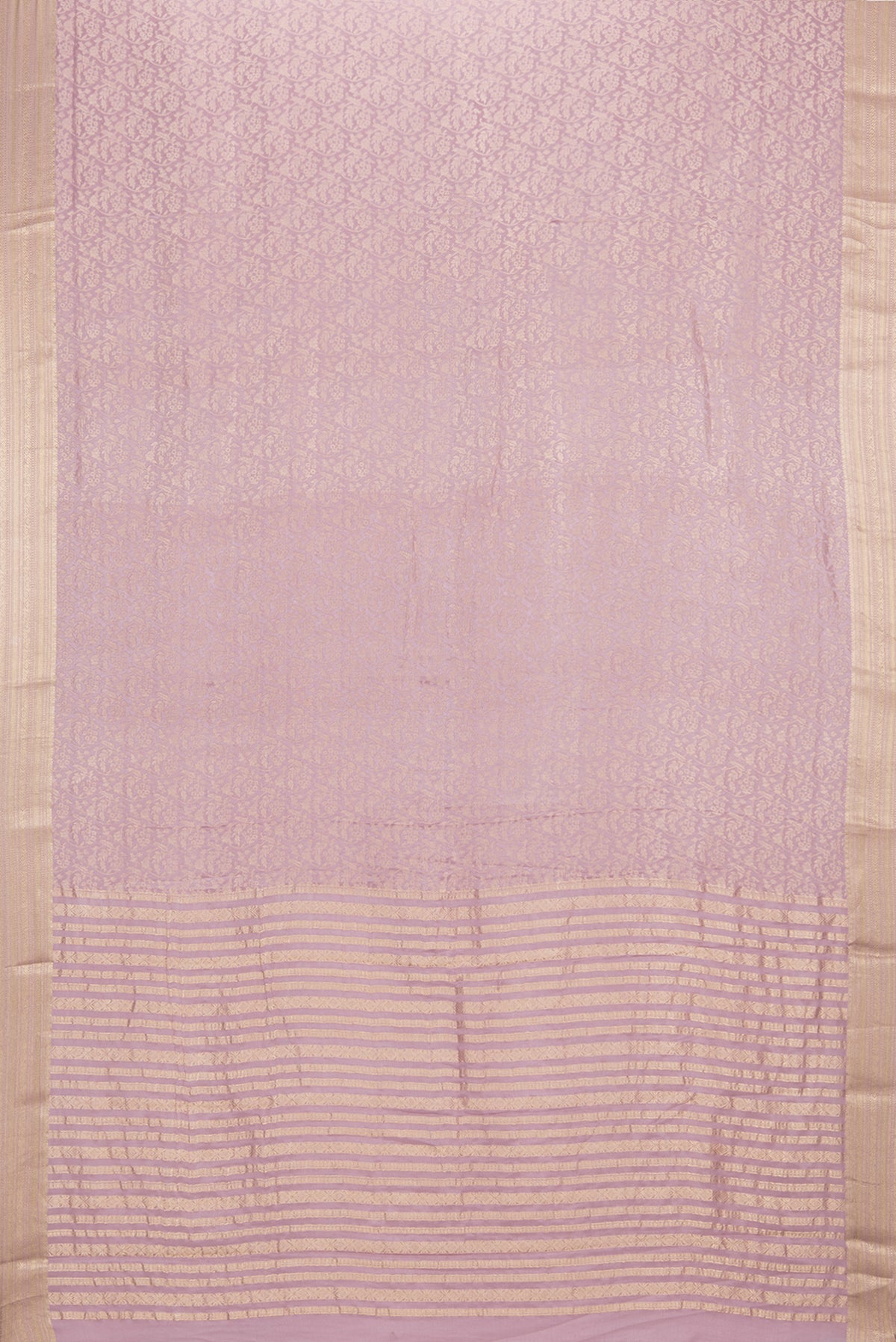 Flat view of Lavender Dual Tone Banarasi Georgette Saree with Zari Brocade on the body and Zari Border. 