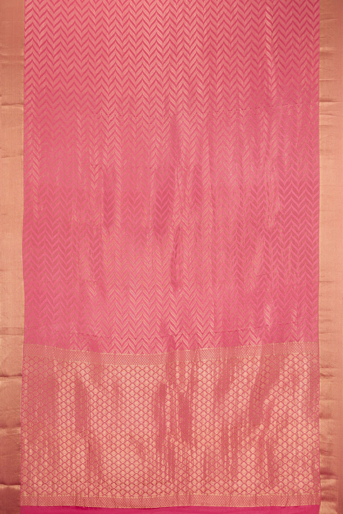 Flat view of Pink Mysore Crepe Saree with Zari Brocade on the body and Zari Border. 