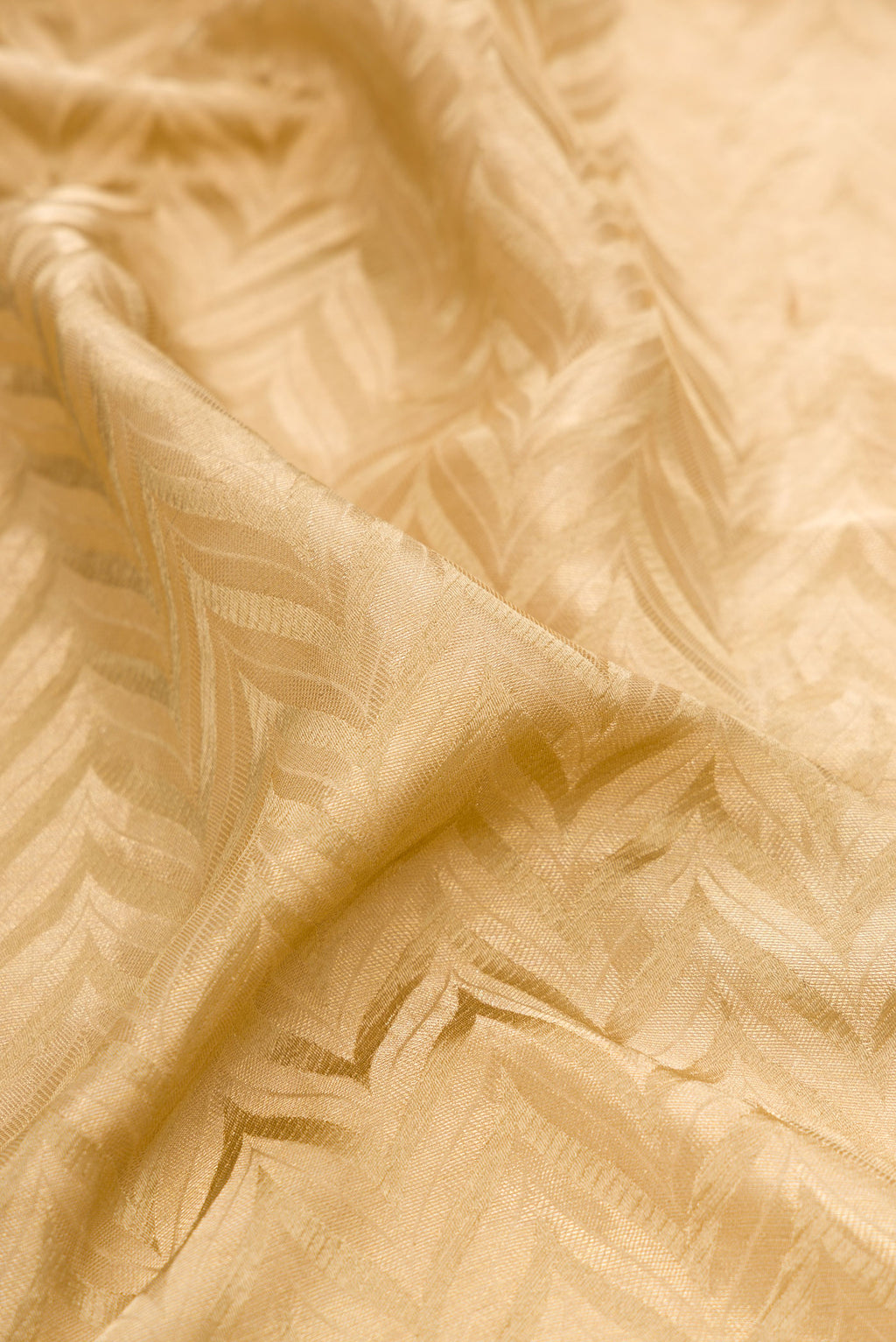 Close up of Dark Beige Mysore Crepe Saree with Zari Brocade on the body and Zari Border.  displaying folds