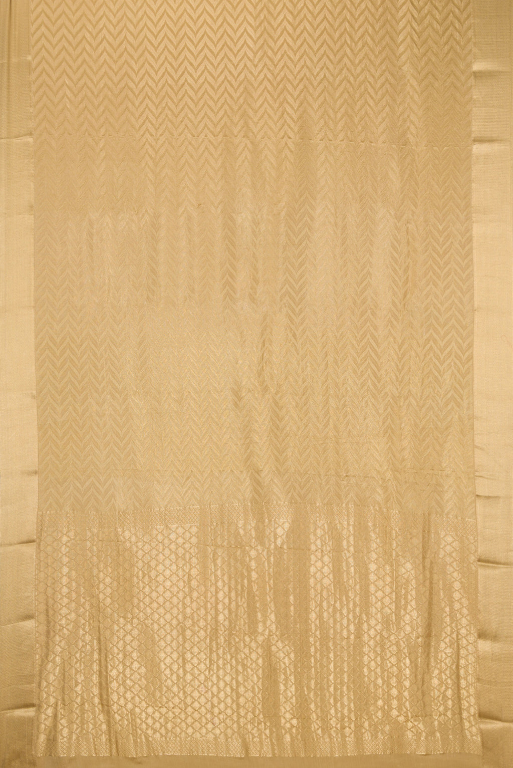 Flat view of Dark Beige Mysore Crepe Saree with Zari Brocade on the body and Zari Border. 