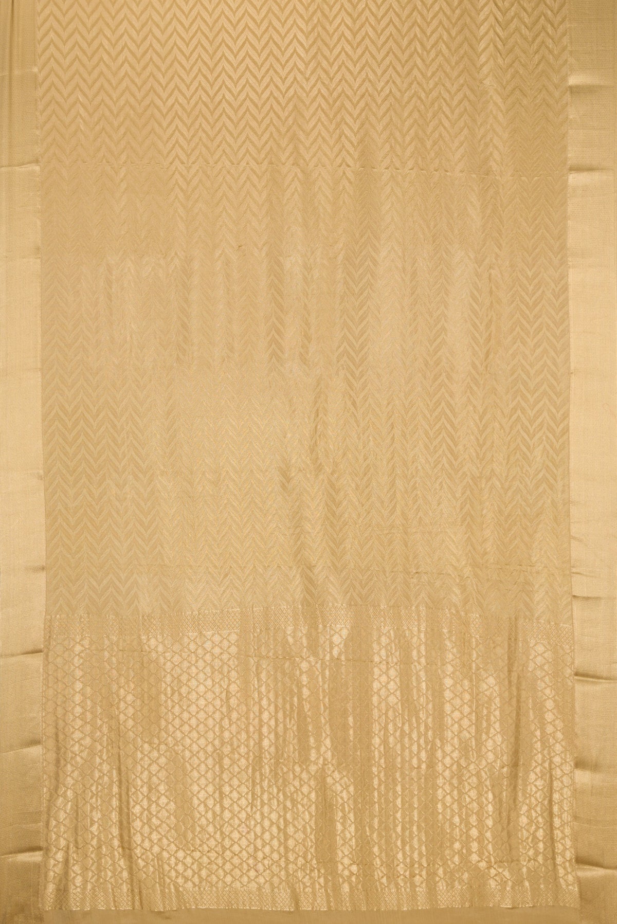 Flat view of Dark Beige Mysore Crepe Saree with Zari Brocade on the body and Zari Border. 