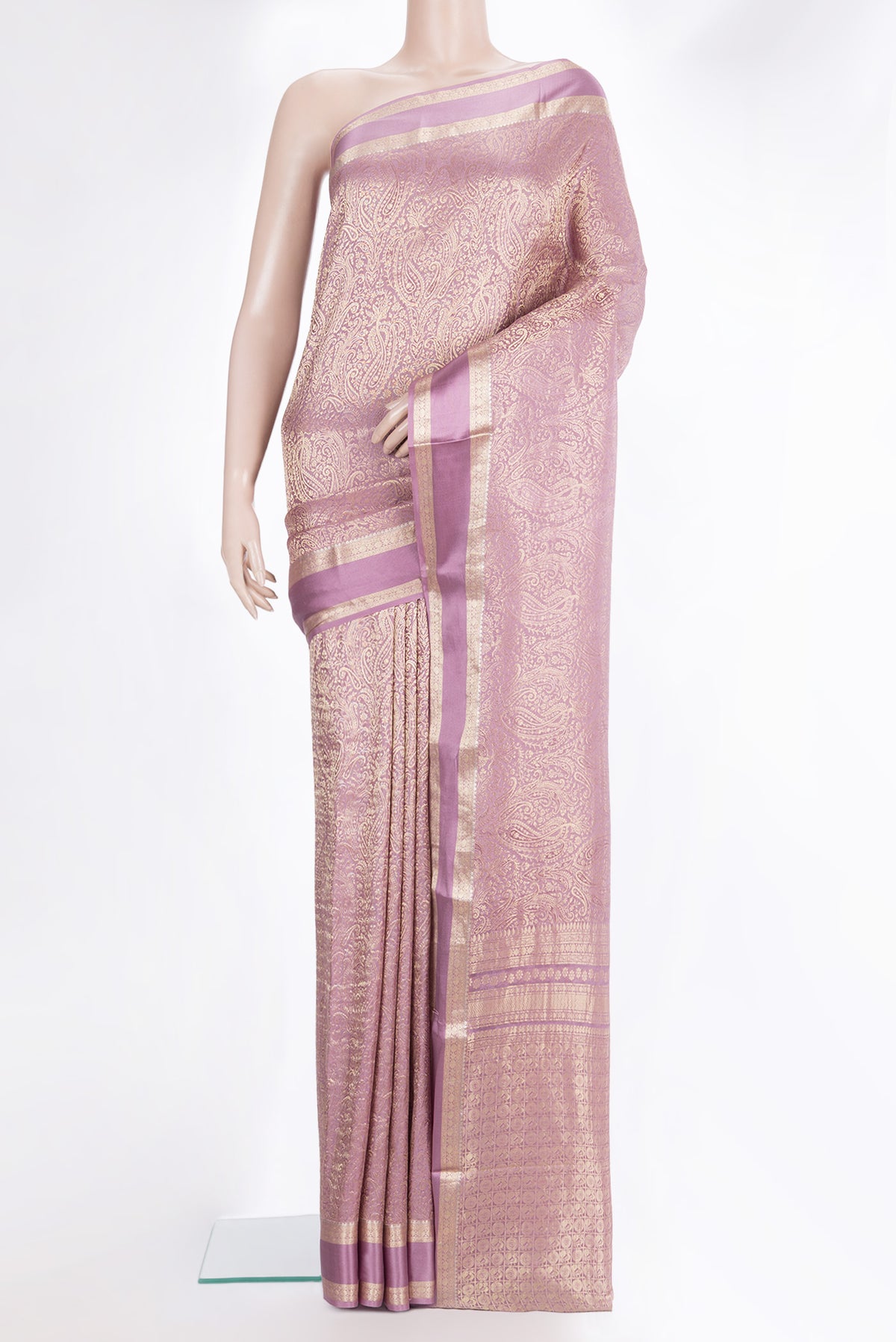 Lavender Dual Tone Banarasi Georgette Saree with Zari Brocade on the body and Zari Border.  displayed on a mannequin