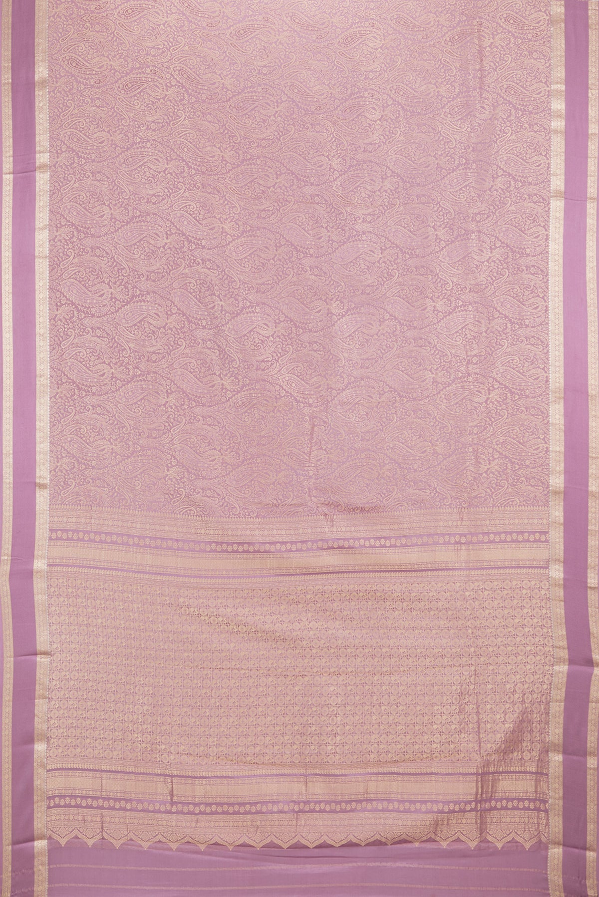 Flat view of Lavender Dual Tone Banarasi Georgette Saree with Zari Brocade on the body and Zari Border. 