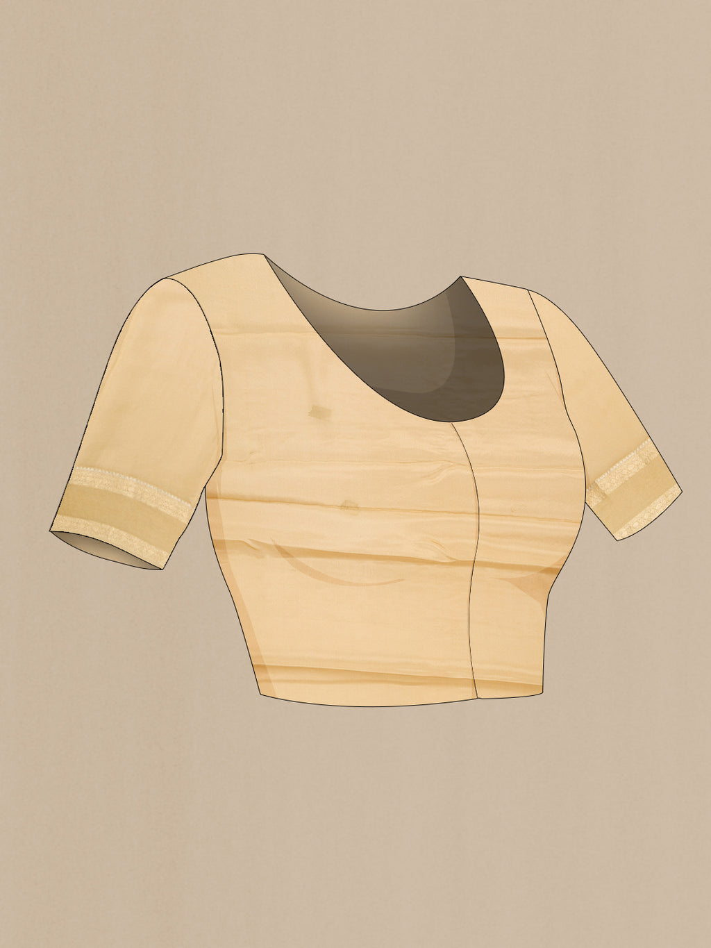 Close up image of the blouse of Beige Mysore Crepe Saree with Zari Brocade on the body and Zari Border. 