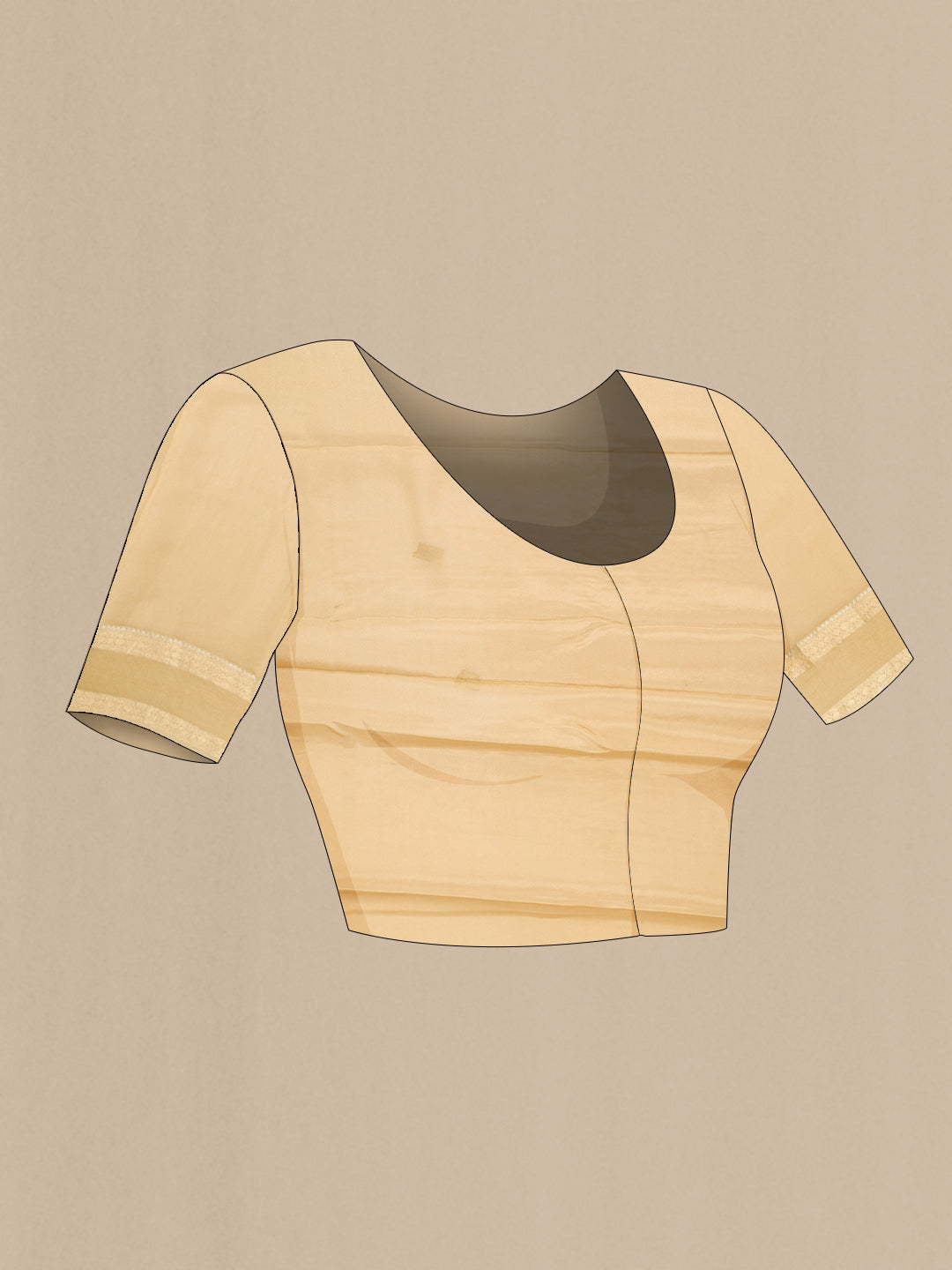 Close up image of the blouse of Beige Mysore Crepe Saree with Zari Brocade on the body and Zari Border. 