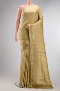 Beige Mysore Crepe Saree with Zari Brocade on the body and Zari Border.  displayed on a mannequin