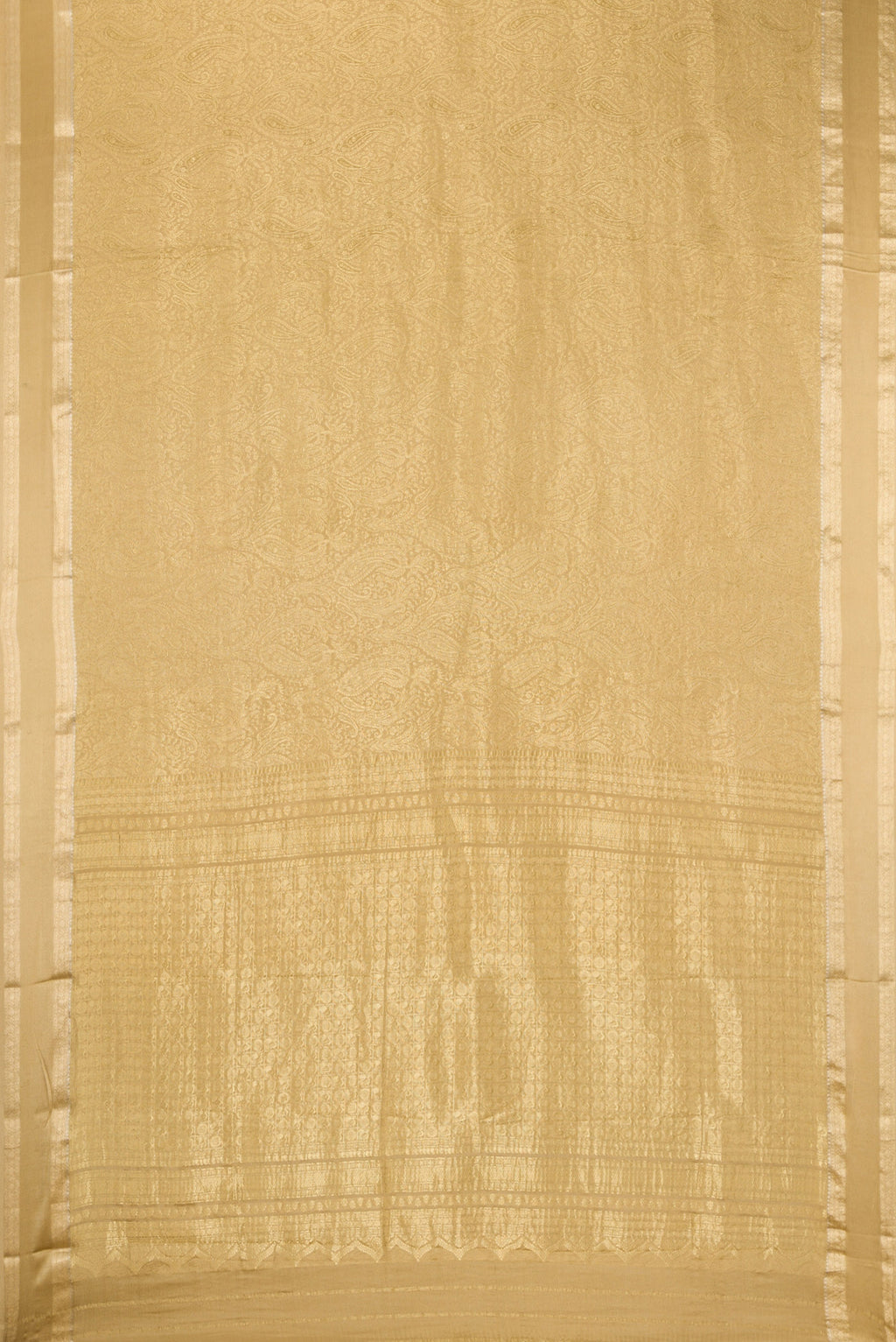 Flat view of Beige Mysore Crepe Saree with Zari Brocade on the body and Zari Border. 