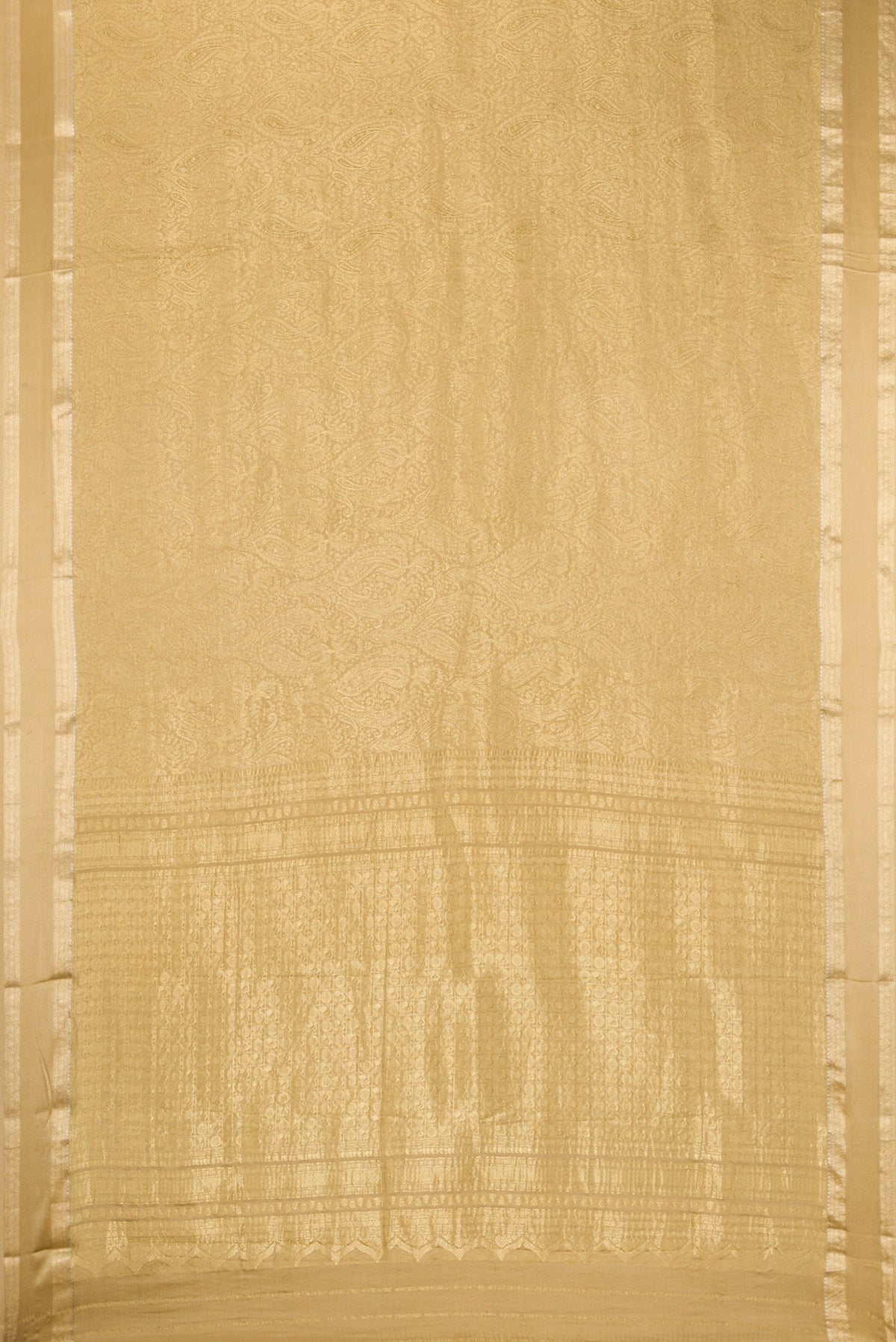 Flat view of Beige Mysore Crepe Saree with Zari Brocade on the body and Zari Border. 
