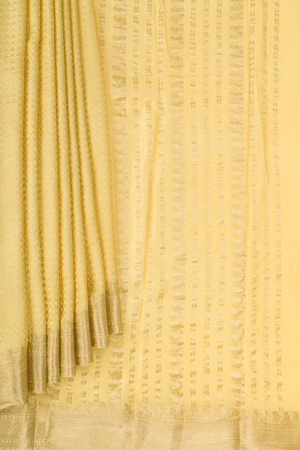 Pleats and pallu of Sandal Mysore Chiffon Saree with Zari Brocade on the body and Zari Border. 