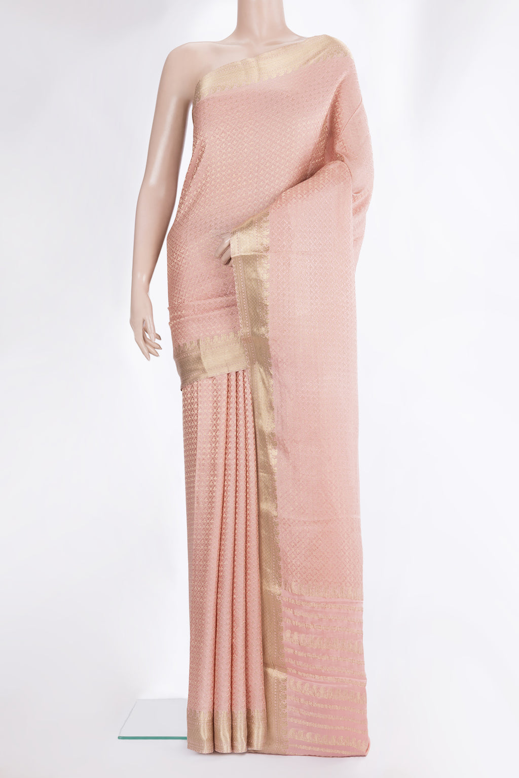 Peach Dual Tone Banarasi Georgette Saree with Zari Brocade on the body and Zari Border.  displayed on a mannequin