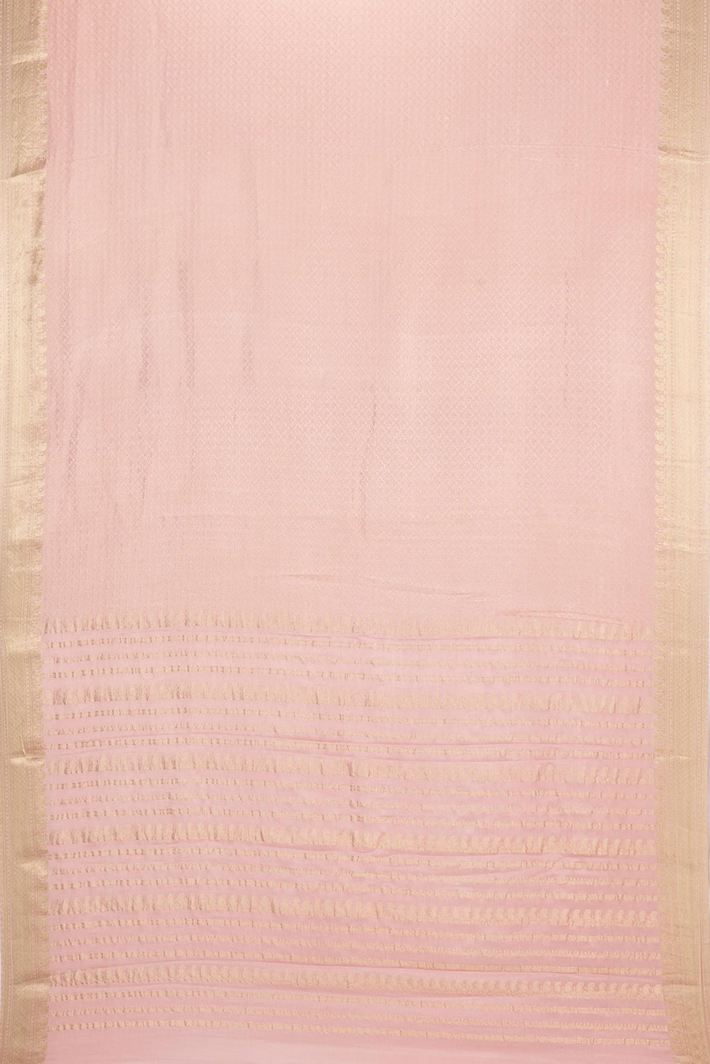Flat view of Peach Dual Tone Banarasi Georgette Saree with Zari Brocade on the body and Zari Border. 