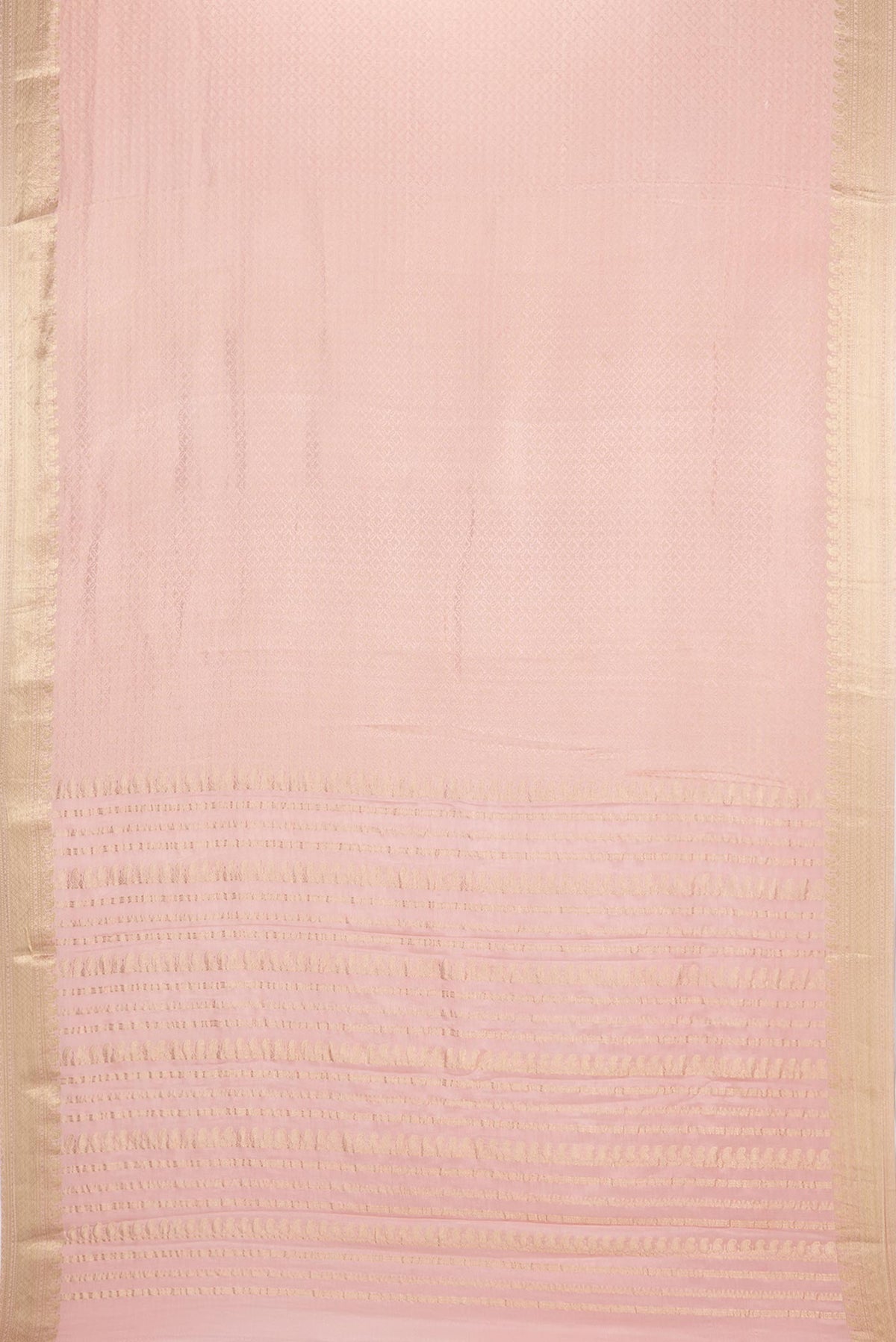 Flat view of Peach Dual Tone Banarasi Georgette Saree with Zari Brocade on the body and Zari Border. 