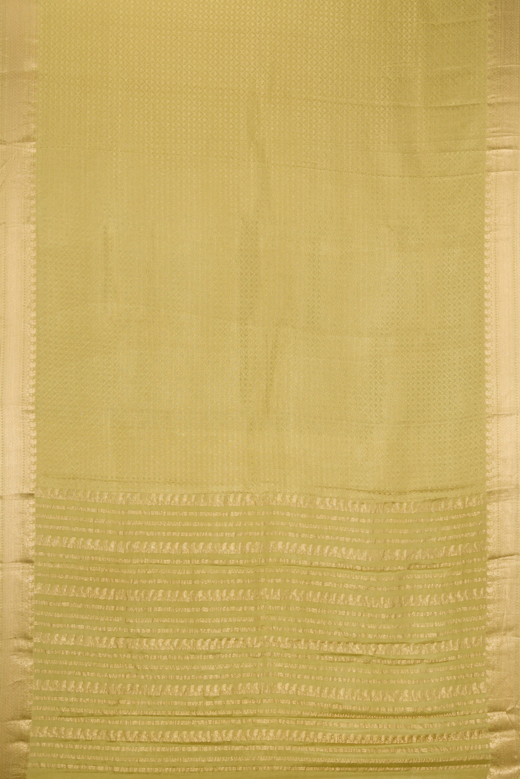 Flat view of Pista Green Mysore Crepe Saree with Zari Brocade on the body and Zari Border. 