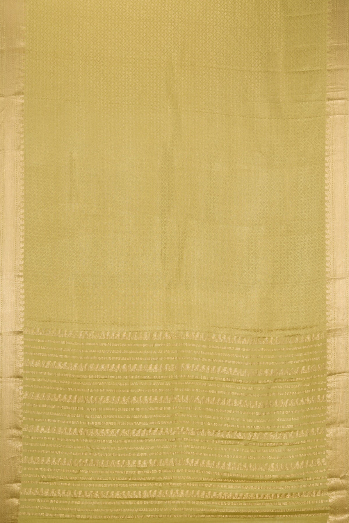 Flat view of Pista Green Mysore Crepe Saree with Zari Brocade on the body and Zari Border. 