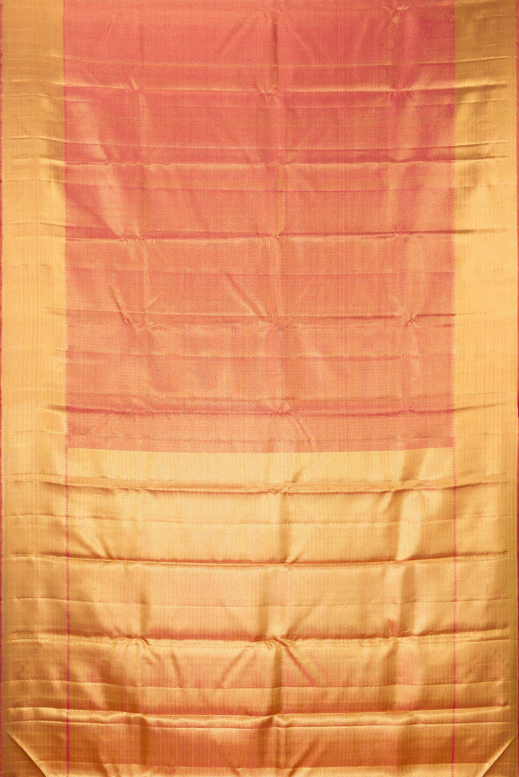 Flat view of Pure Silk Pure Zari Pink Dual Tone Kanjivaram Tissue Saree with Zari Brocade on the body and Zari Border. 