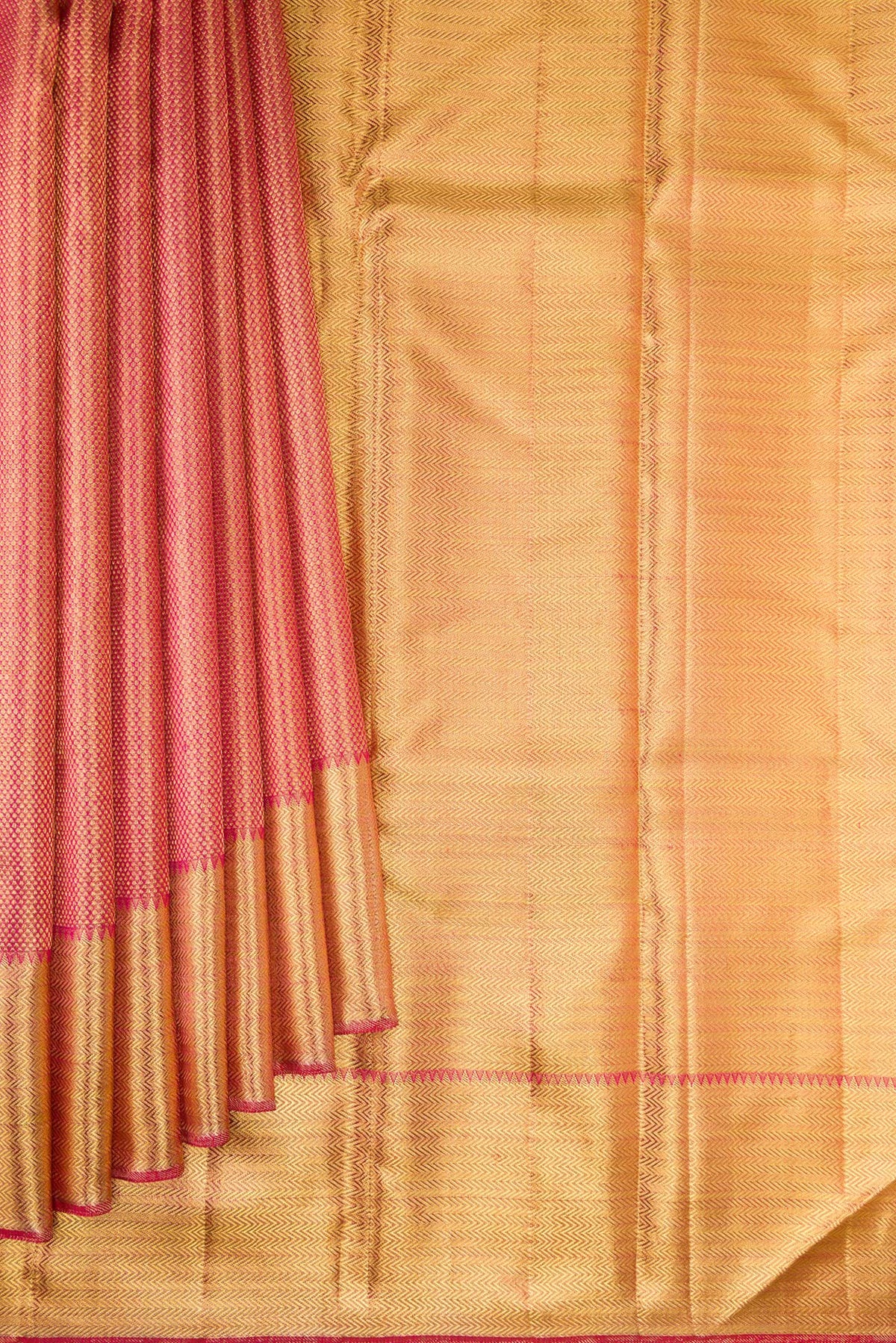 Pleats and pallu of Pure Silk Pure Zari Pink Dual Tone Kanjivaram Tissue Saree with Zari Brocade on the body and Zari Border. 
