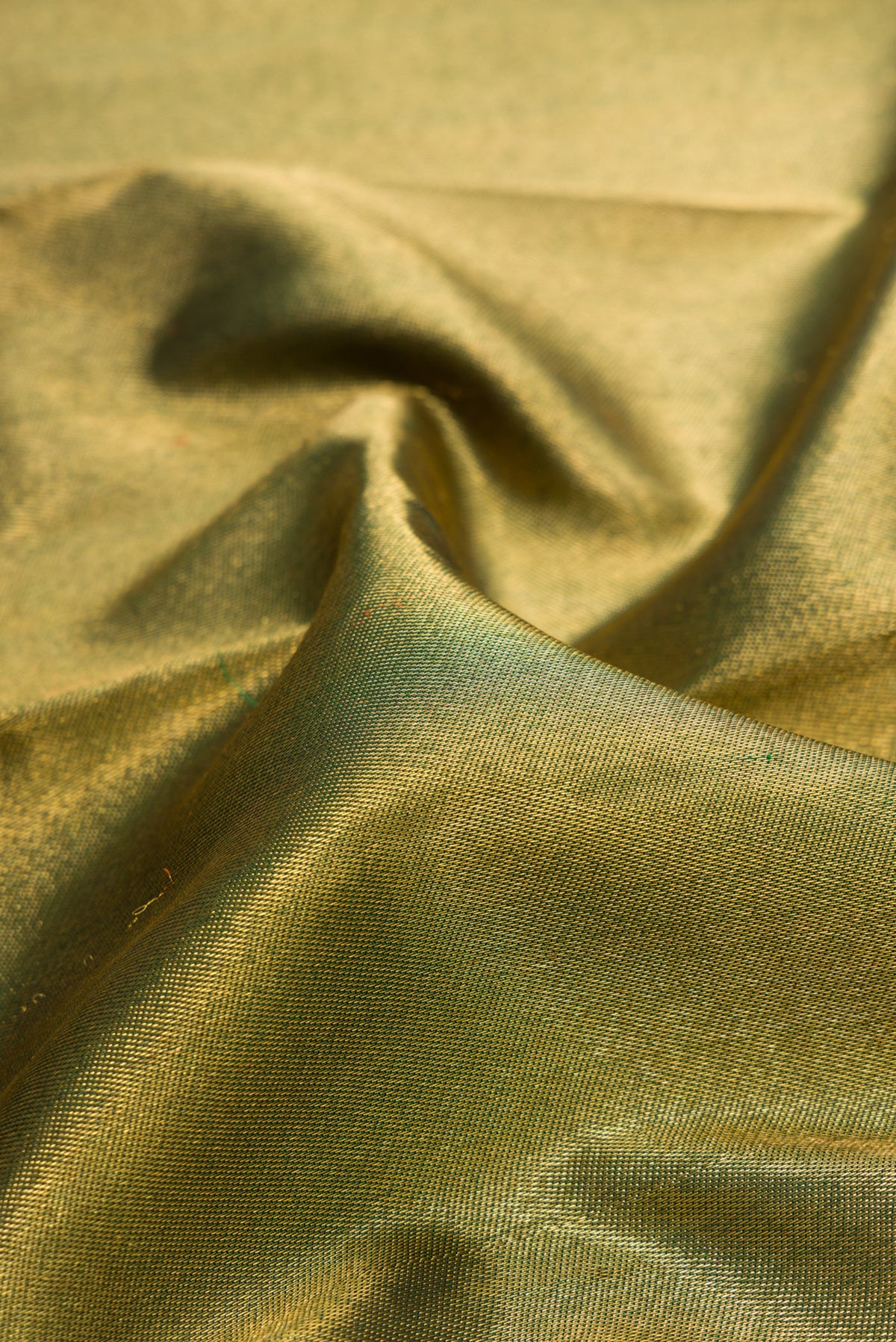 Close up of Pure Silk Pure Zari Green Dual Tone Kanjivaram Saree with Zari Brocade on the body and Zari Border.  displaying folds