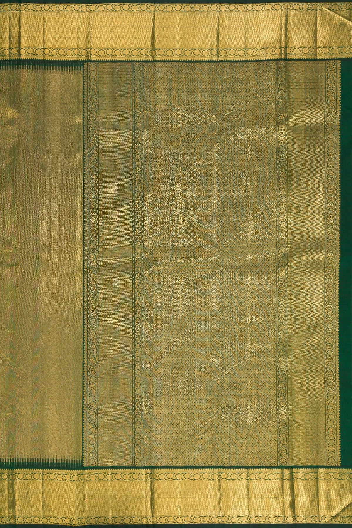 Close up image of the pallu of Pure Silk Pure Zari Green Dual Tone Kanjivaram Saree with Zari Brocade on the body and Zari Border. 