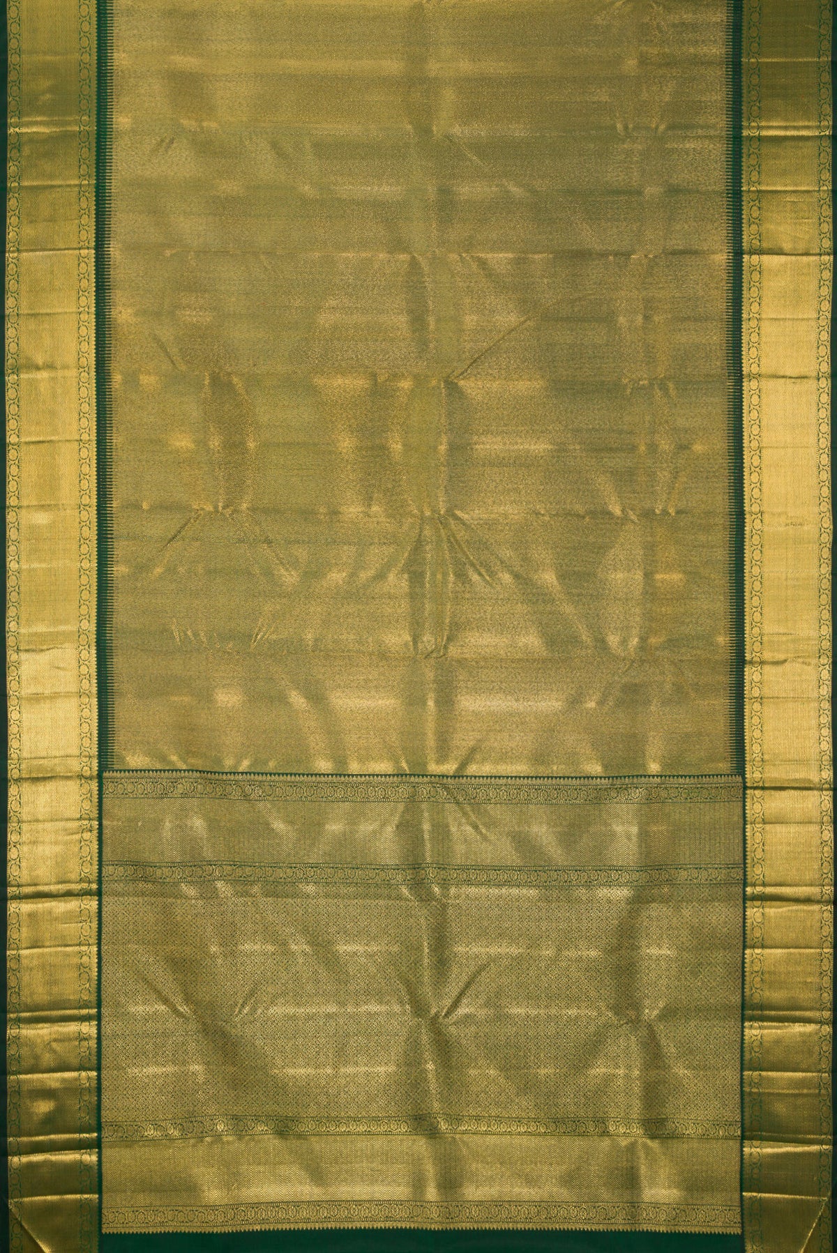 Flat view of Pure Silk Pure Zari Green Dual Tone Kanjivaram Saree with Zari Brocade on the body and Zari Border. 