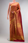 Pure Silk Pure Zari Red Kanjivaram Saree with Zari Brocade on the body and Zari Border.  displayed on a mannequin