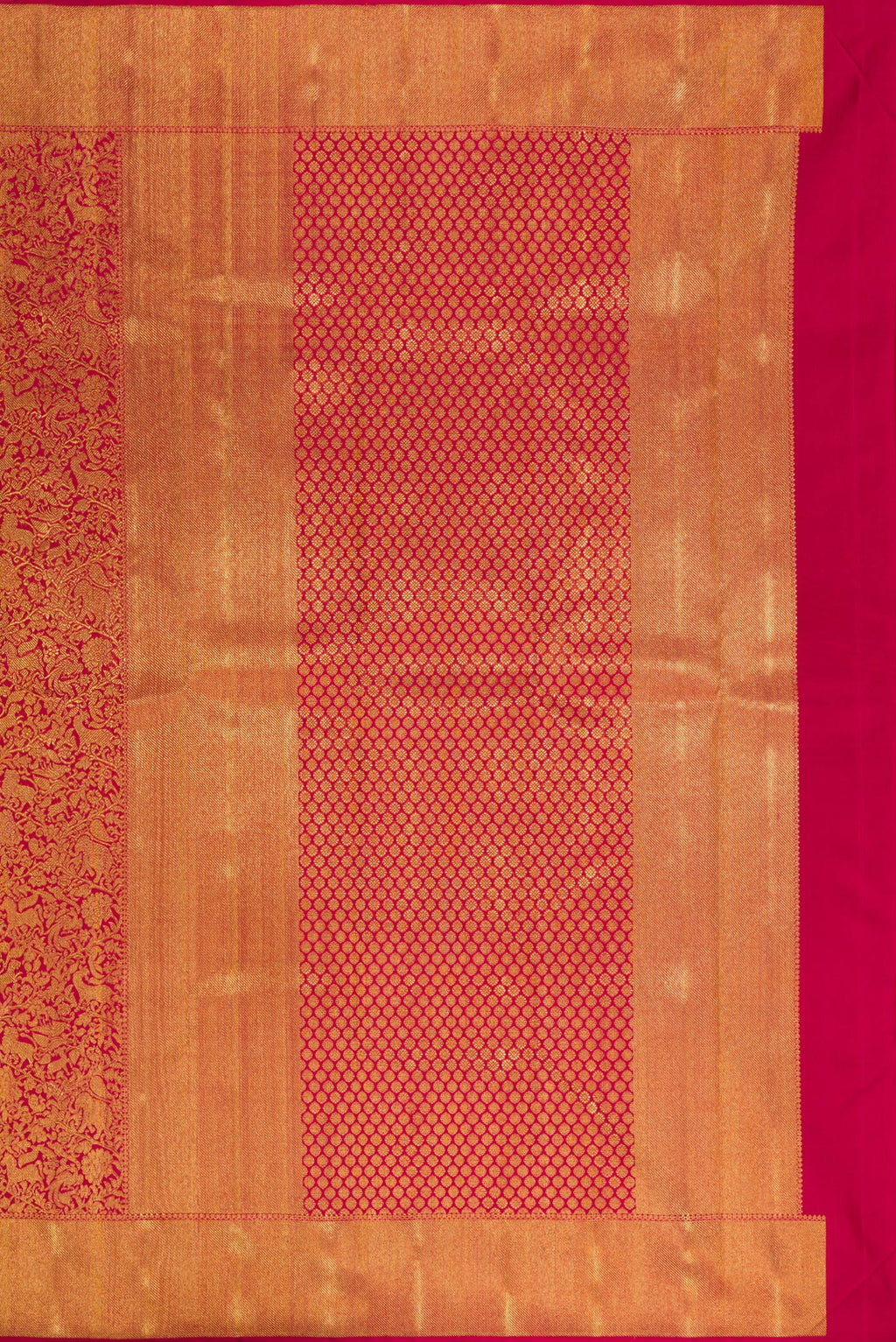 Close up image of the pallu of Pure Silk Pure Zari Red Kanjivaram Saree with Zari Brocade on the body and Zari Border. 