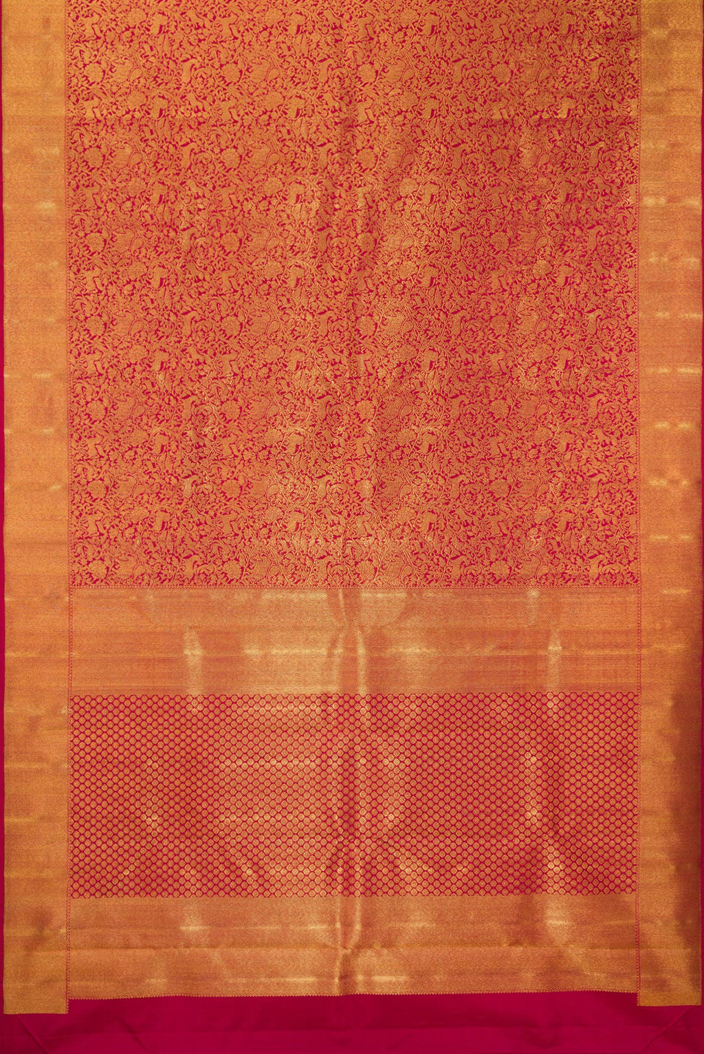 Flat view of Pure Silk Pure Zari Red Kanjivaram Saree with Zari Brocade on the body and Zari Border. 