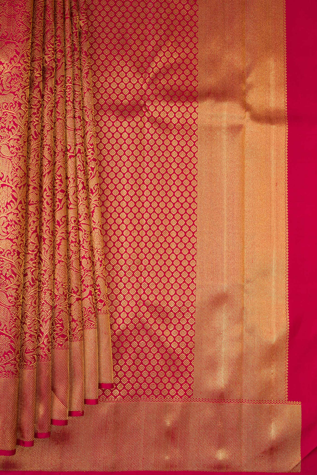 Pleats and pallu of Pure Silk Pure Zari Red Kanjivaram Saree with Zari Brocade on the body and Zari Border. 