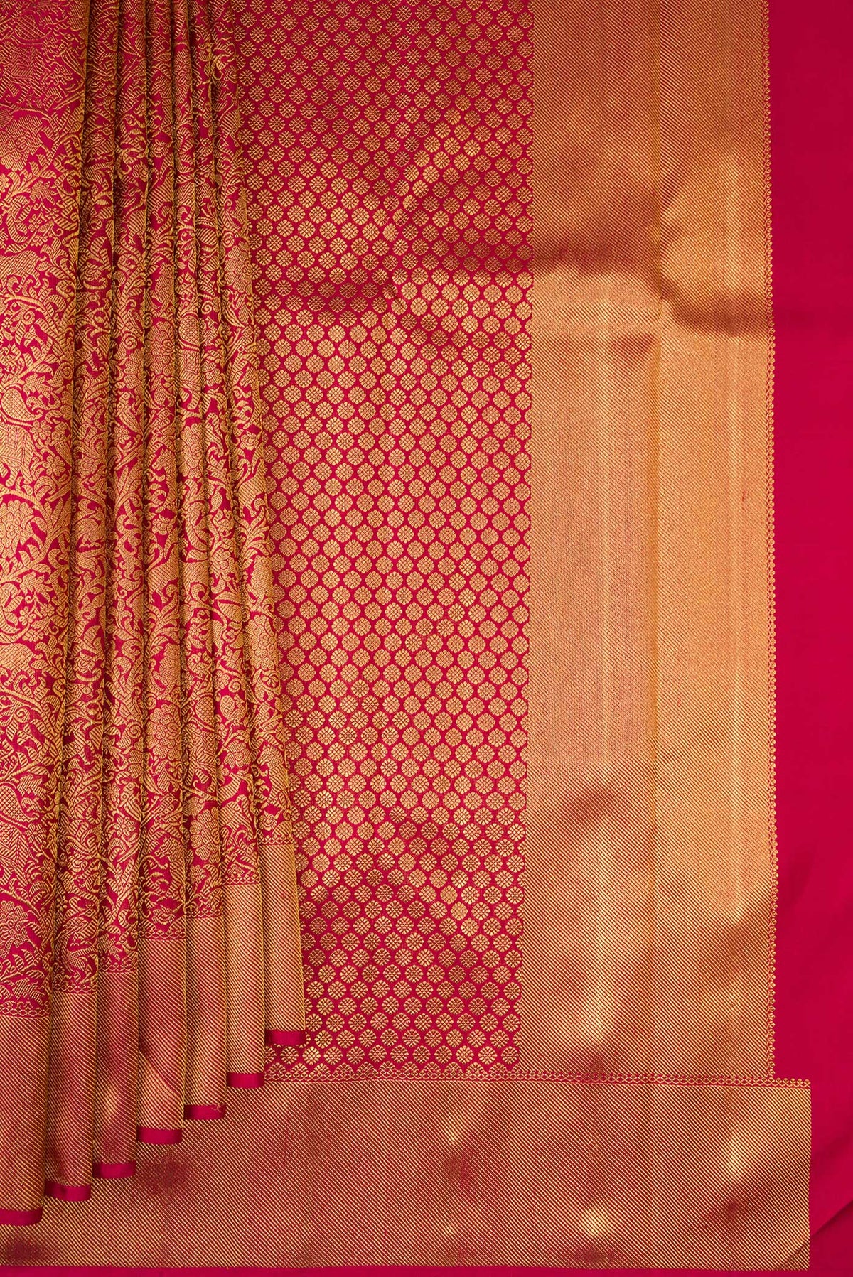 Pleats and pallu of Pure Silk Pure Zari Red Kanjivaram Saree with Zari Brocade on the body and Zari Border. 