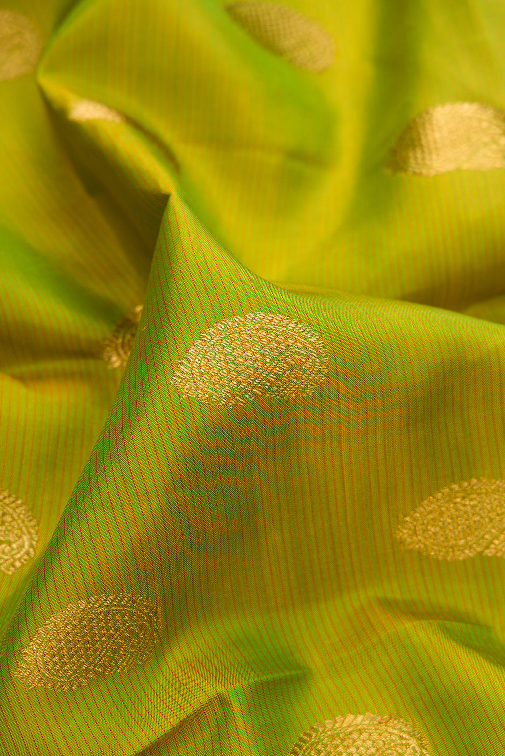 Close up of Pure Silk Pure Zari Parrot Green Dual Tone Kanjivaram Saree with Stripes on the body and Zari Border.  displaying folds