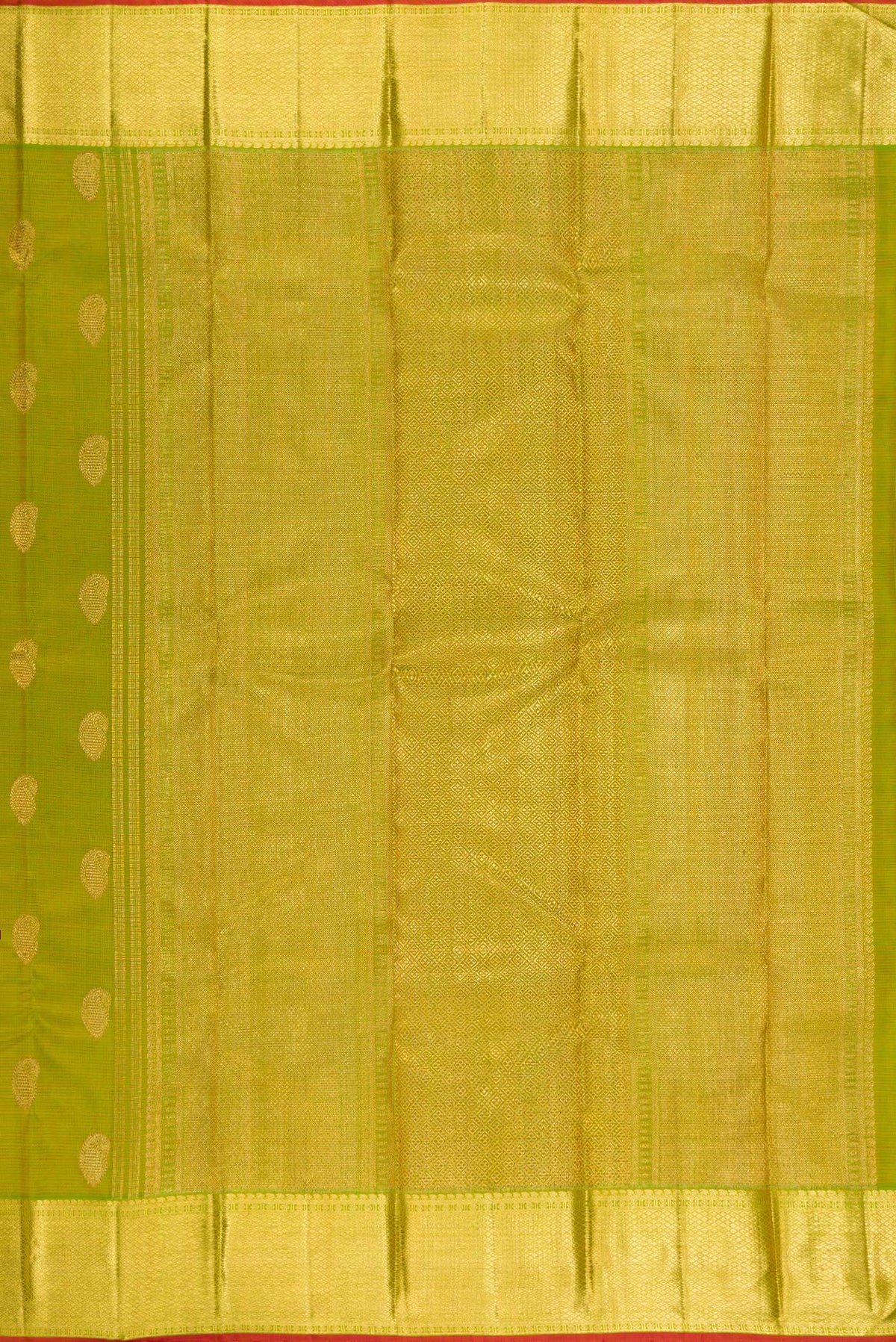 Close up image of the pallu of Pure Silk Pure Zari Parrot Green Dual Tone Kanjivaram Saree with Stripes on the body and Zari Border. 