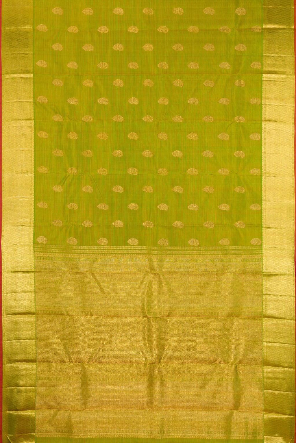 Flat view of Pure Silk Pure Zari Parrot Green Dual Tone Kanjivaram Saree with Stripes on the body and Zari Border. 
