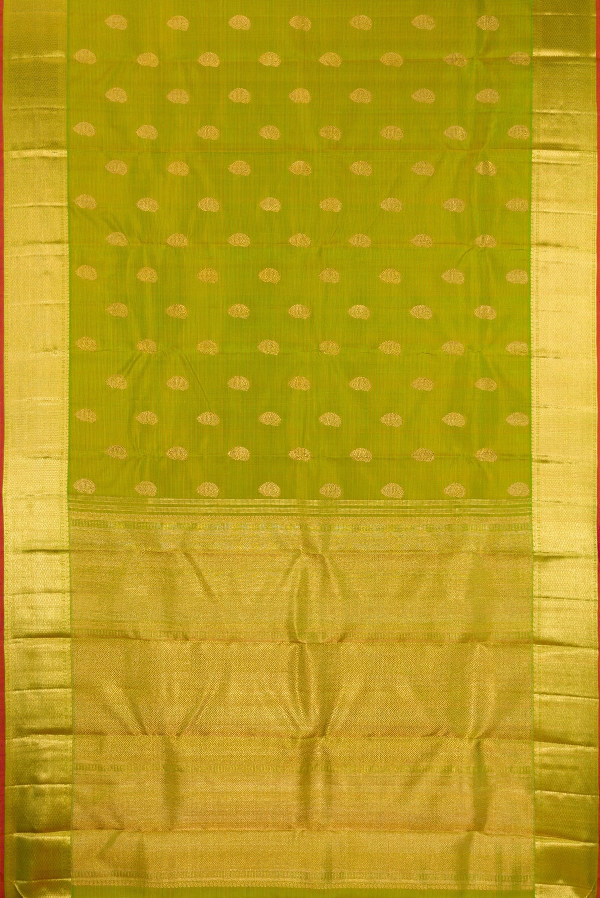 Flat view of Pure Silk Pure Zari Parrot Green Dual Tone Kanjivaram Saree with Stripes on the body and Zari Border. 