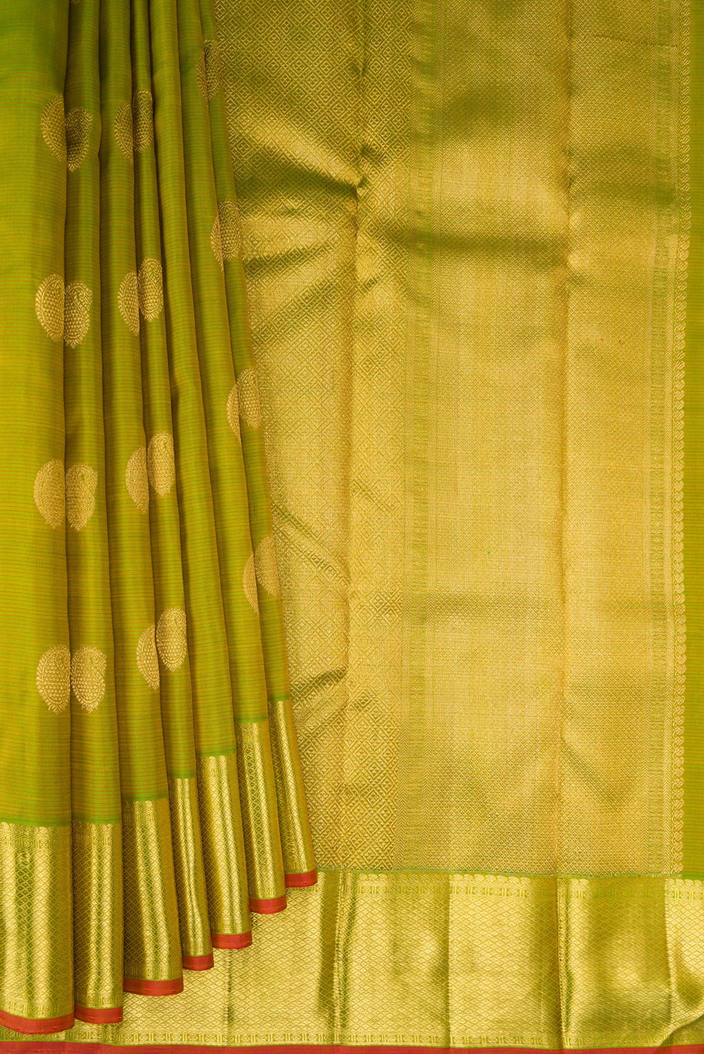 Pleats and pallu of Pure Silk Pure Zari Parrot Green Dual Tone Kanjivaram Saree with Stripes on the body and Zari Border. 