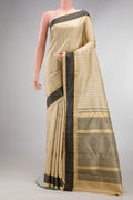 Pure Silk Sandal Kanchipuram Saree with Jacquard With Zari Butta on the body and Zari And Thread Border.  displayed on a mannequin