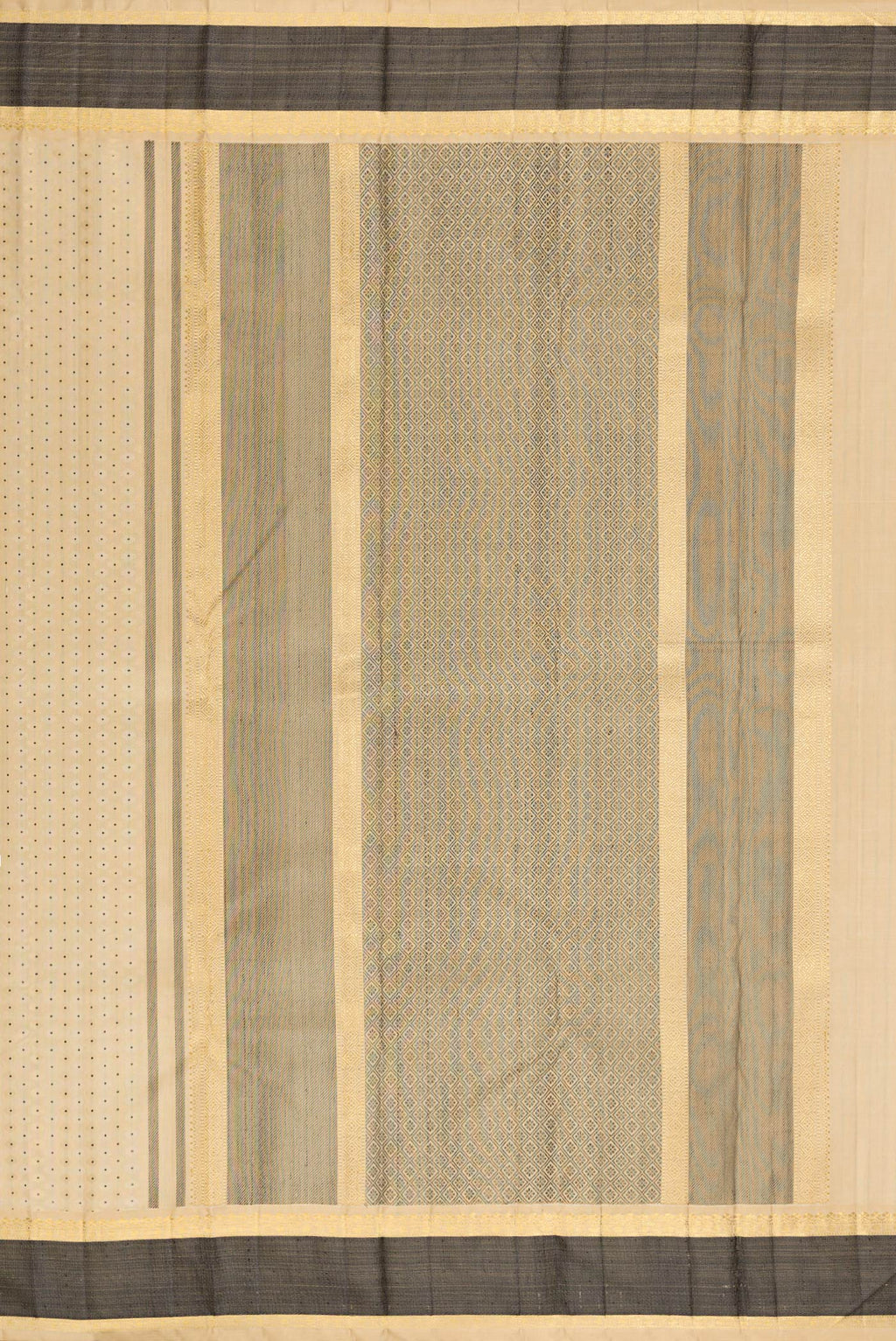 Close up image of the pallu of Pure Silk Sandal Kanchipuram Saree with Jacquard With Zari Butta on the body and Zari And Thread Border. 