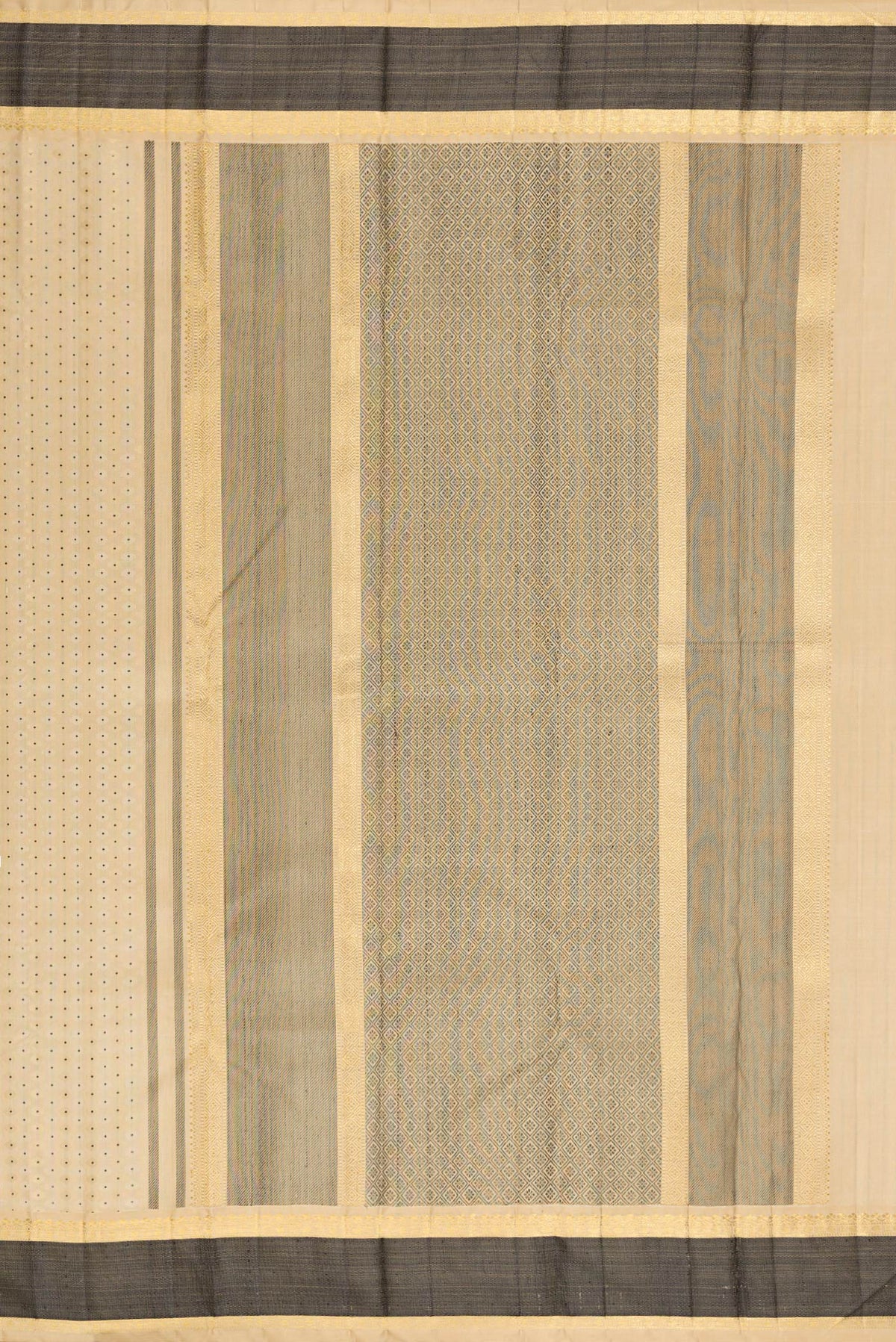 Close up image of the pallu of Pure Silk Sandal Kanchipuram Saree with Jacquard With Zari Butta on the body and Zari And Thread Border. 