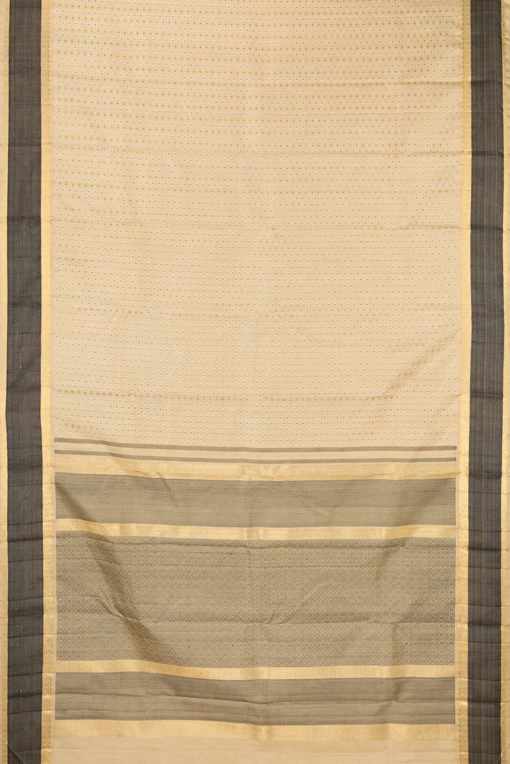 Flat view of Pure Silk Sandal Kanchipuram Saree with Jacquard With Zari Butta on the body and Zari And Thread Border. 