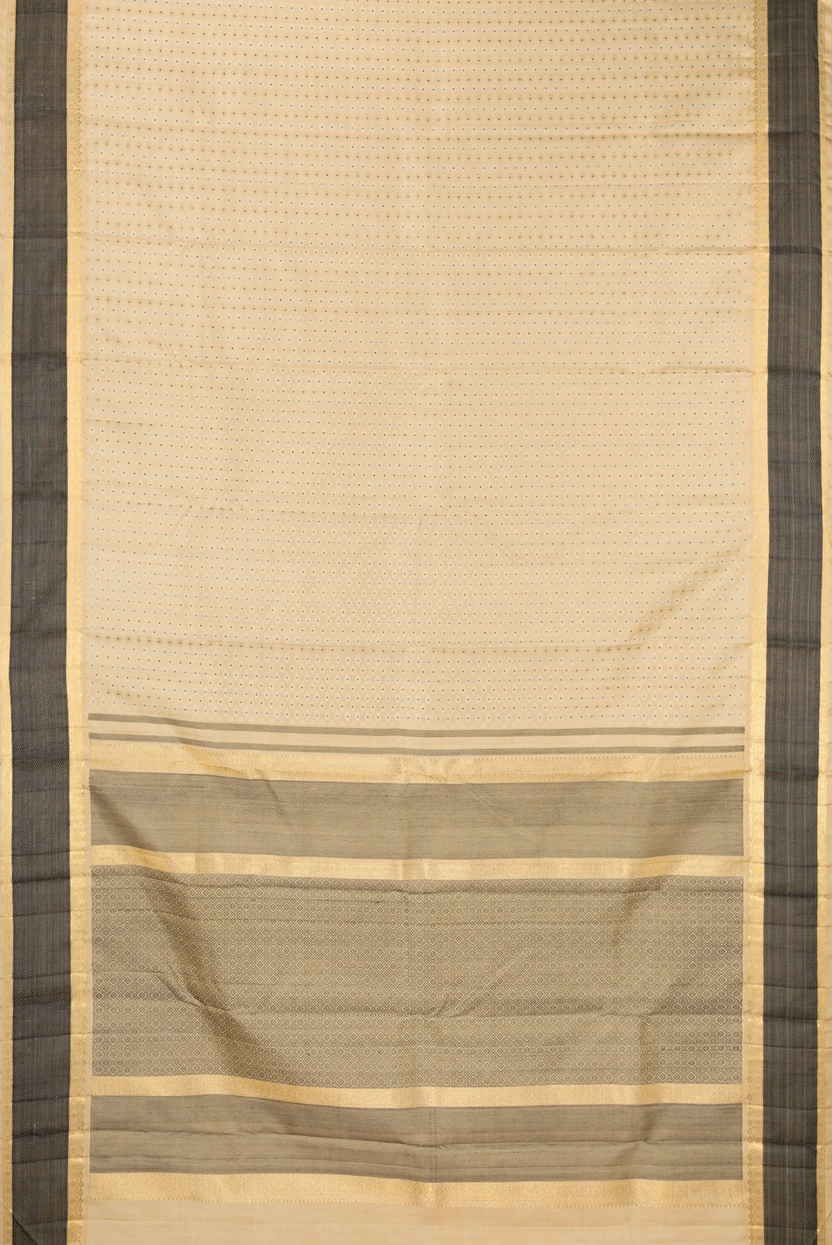 Flat view of Pure Silk Sandal Kanchipuram Saree with Jacquard With Zari Butta on the body and Zari And Thread Border. 
