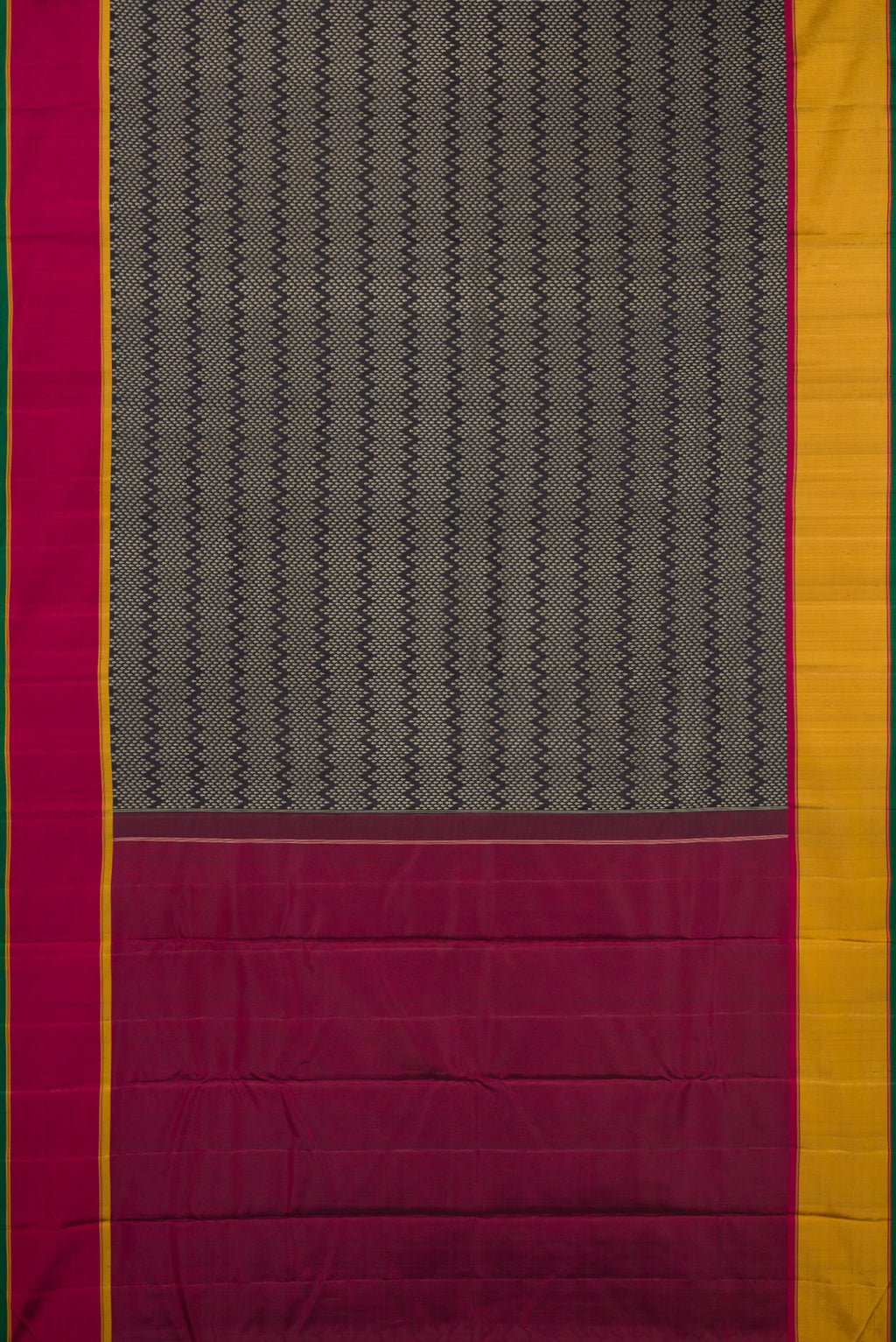 Flat view of Pure Silk Coffee Brown Kanjivaram Saree with Jacquard design on the body and Ganga Jamuna Border. 