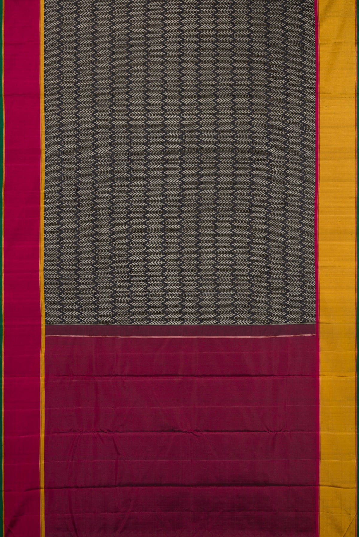 Flat view of Pure Silk Coffee Brown Kanjivaram Saree with Jacquard design on the body and Ganga Jamuna Border. 
