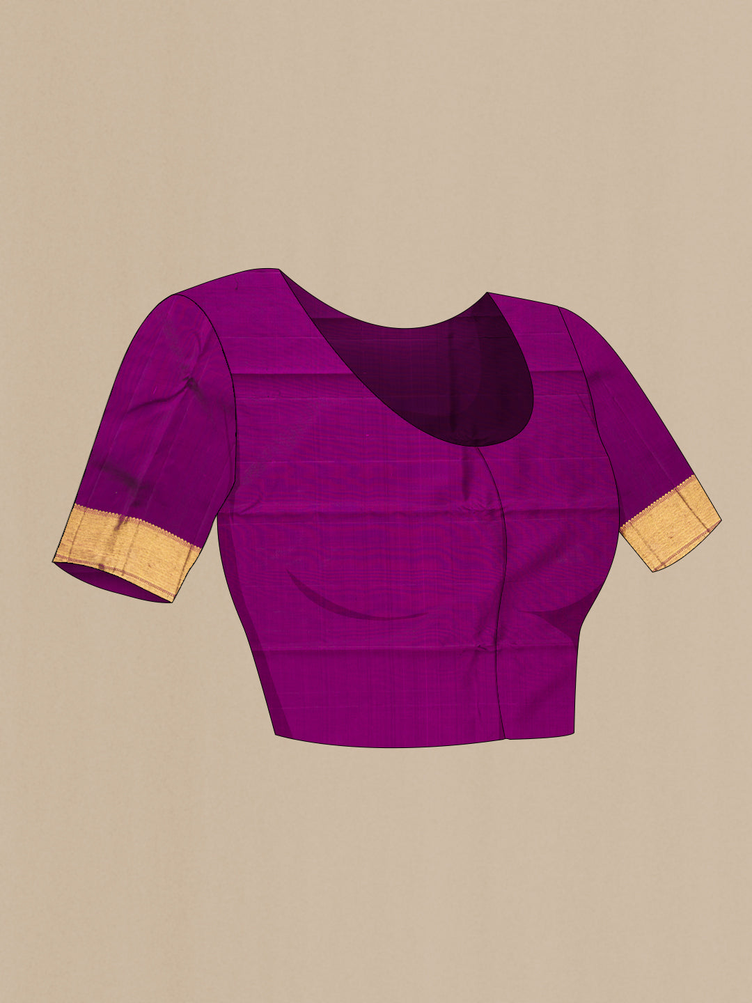 Close up image of the blouse of Pure Silk Pure Zari Purple Kanjivaram Saree with Zari Butta on the body and Zari Border. 