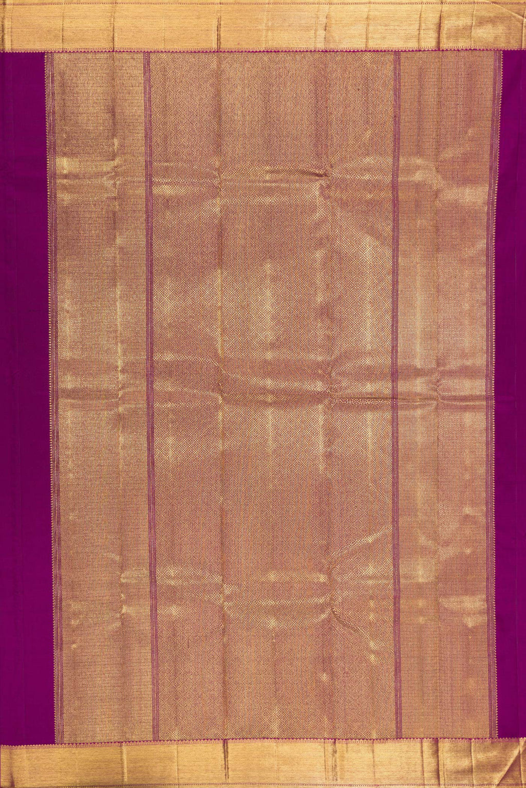 Close up image of the pallu of Pure Silk Pure Zari Purple Kanjivaram Saree with Zari Butta on the body and Zari Border. 