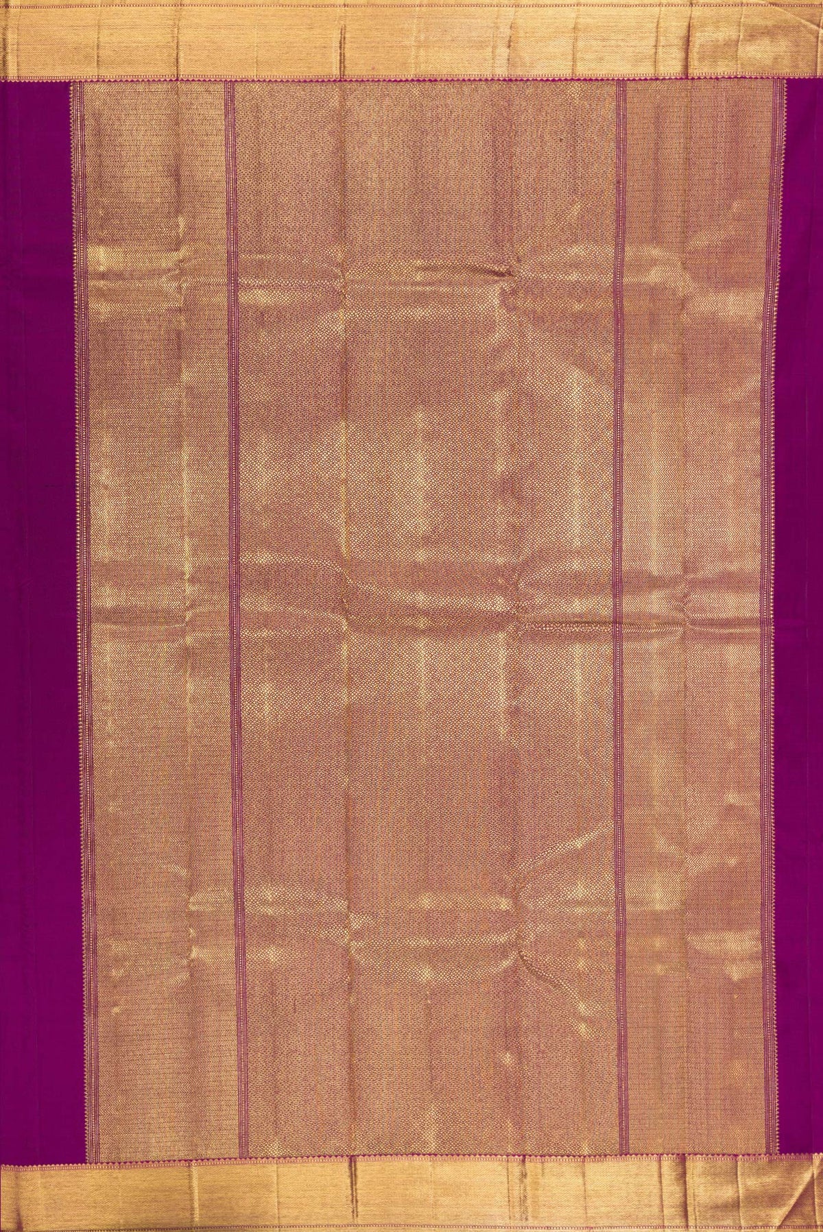 Close up image of the pallu of Pure Silk Pure Zari Purple Kanjivaram Saree with Zari Butta on the body and Zari Border. 