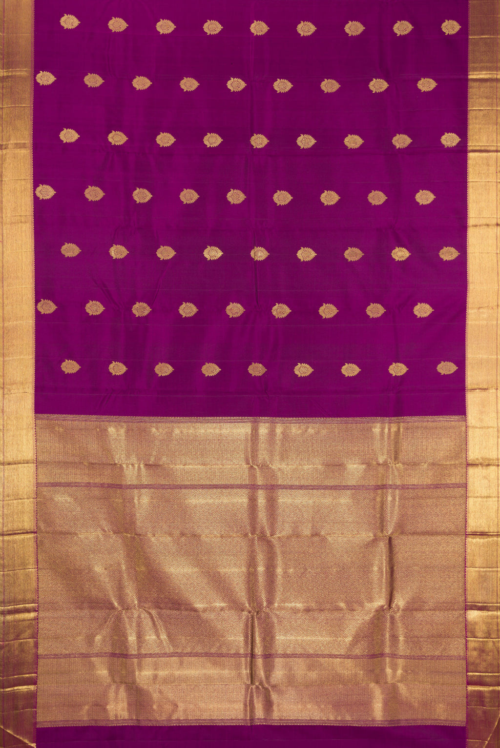 Flat view of Pure Silk Pure Zari Purple Kanjivaram Saree with Zari Butta on the body and Zari Border. 