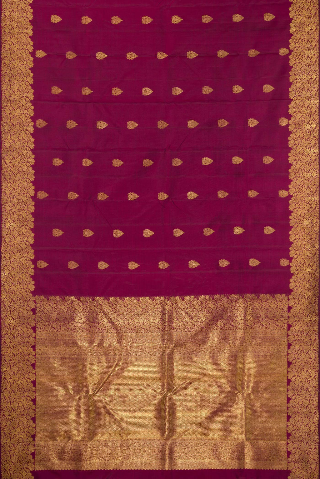 Flat view of Pure Silk Pure Zari Maroon Kanjivaram Saree with Zari Butta on the body and Fancy Border. 