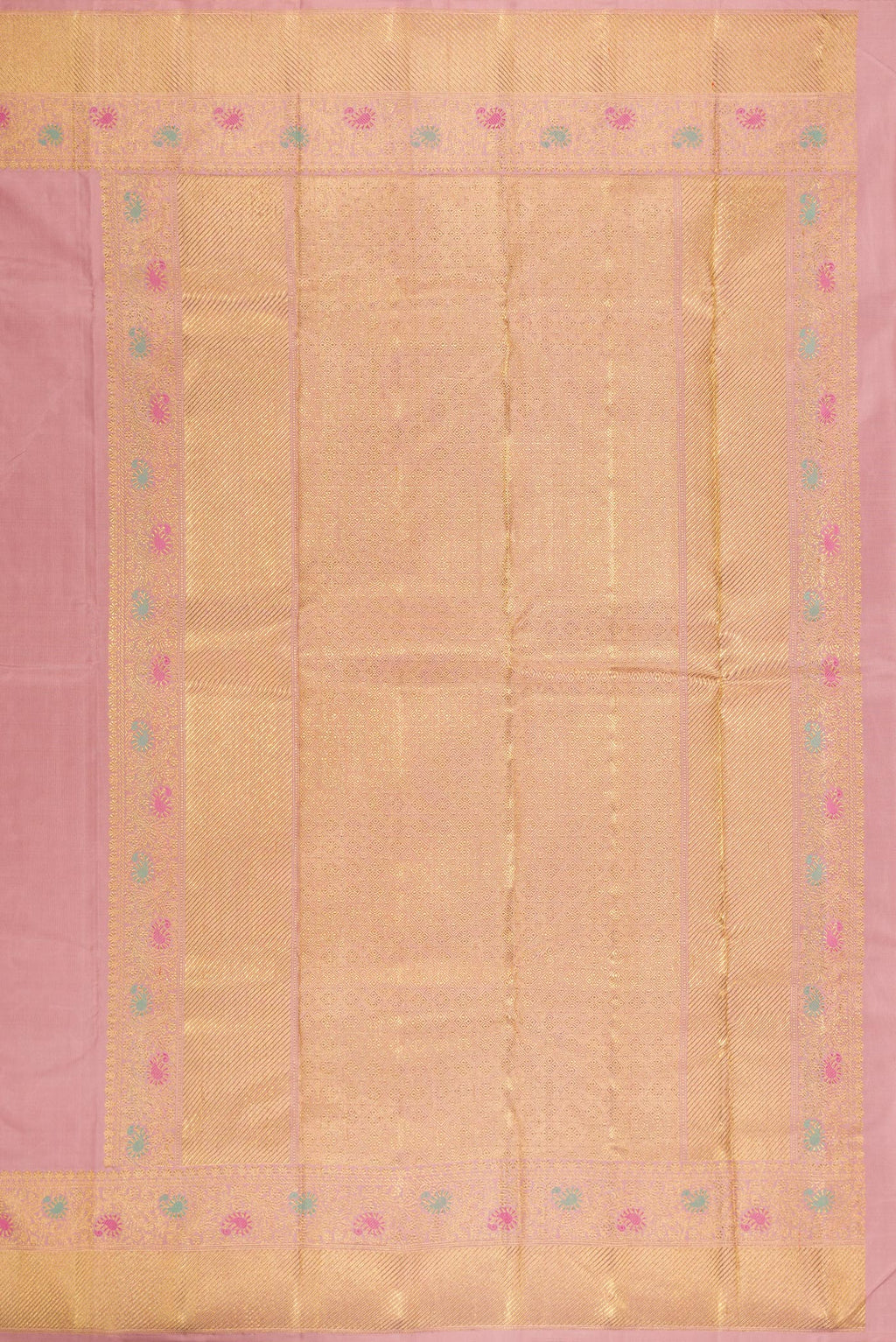 Close up image of the pallu of Pure Silk Pure Zari Peach Kanjivaram Saree with Zari And Thread Butta on the body and Fancy Border. 