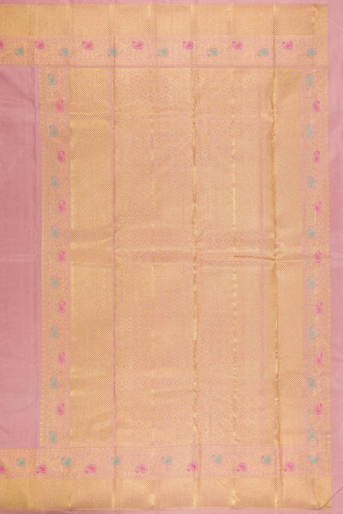 Close up image of the pallu of Pure Silk Pure Zari Peach Kanjivaram Saree with Zari And Thread Butta on the body and Fancy Border. 